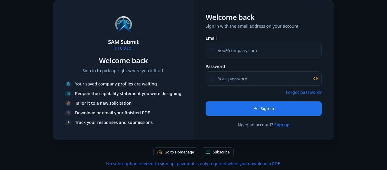 The SAM Submit sign in screen with the Welcome back panel for returning members