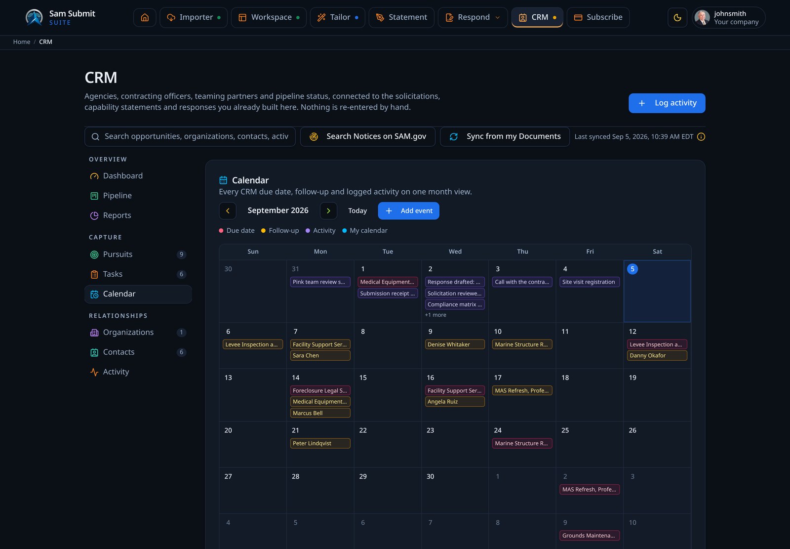 The CRM month calendar showing due dates, follow-ups and imported events