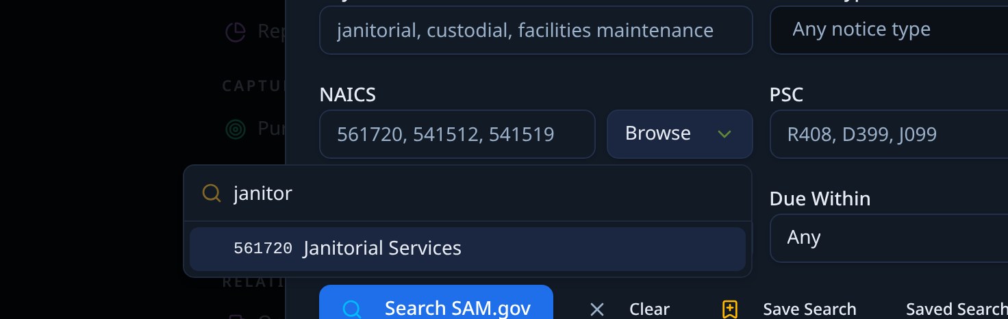 The NAICS Browse picker open, searching the official code list by name and showing 561720 Janitorial Services